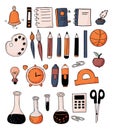 Set school elements. Educational items and supplies - book, ball, ruler, notepad and pencils, scissors, apple Royalty Free Stock Photo