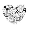 Set with school hand drawn doodle items in heart shape Royalty Free Stock Photo