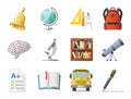 Set of school icons, shool supplies and transport