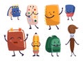 Set Of School Item Characters Textbook, Notepad, Pencil, Paintbrush And Paints, Rucksack, And Eraser Cute Personages