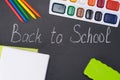 set of school items arranged around the inscriptions, paints, pencils, rulers Royalty Free Stock Photo