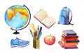 Set with school items - globe, books, schoolbag, apple, pen, pencils. Watercolor collection for education design