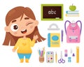 Set of school items and schoolgirl. Cute happy character girl and study supplies. Backpack, blackboard, book, paints Royalty Free Stock Photo