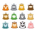 Set of school kawaii backpack, kids , preschooler and schoolchildren bag in shape of animal, flat icon isolated on white