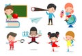 Set of school kids in education concept,happy cartoon kids in classroom,children playing and lifestyle, child go to school