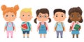 Set of school kids with school supplies.Pupils with books and backpacks. Vector set of preschoolers children different Royalty Free Stock Photo