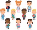 Set of school kids with school supplies.Pupils with books and backpacks. Vector set of preschoolers children different Royalty Free Stock Photo