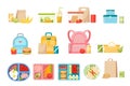 Set of School Lunch Boxes, Kids Rucksacks, Meals or Drinks. Lunchbox Collection with Fast Food, Fruits or Vegetables Royalty Free Stock Photo