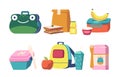 Set of School Lunch Boxes, Lunchbox Collection of Childish Design with Food, Fruits or Vegetables Boxed in Kid Container Royalty Free Stock Photo