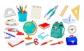 Set of school objects. Back to school. Educational tools elements. Illustration of education supplies. Isolated drawings on white