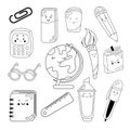 Set School Stationery, Globe, Eraser, Ruler, Marker, Brush, Pen, Glasses, Calculator, Textbook