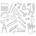 A set of school stationery and office supplies. Doodle icon set. Hand-drawn decorative elements. Black and white outline vector Royalty Free Stock Photo