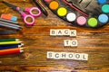 Set of school stationery supplies with back to school inscription Royalty Free Stock Photo