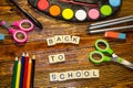 Set of school stationery supplies with back to school inscription Royalty Free Stock Photo