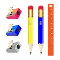 Set of school student pencil sharpener with shavings, pencil, ruler. Vector illustration of office supplies. Design for