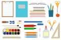 Set with school supplies. Back to school icons. Stationery, flat illustration. School objects in cartoon style. School symbols,