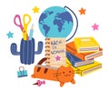 Set of school supplies. Back to school. Various accessories for study, student equipment. Cute school modern stickers.