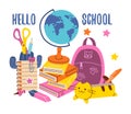 Set of school supplies. Back to school. Various accessories for study, student equipment. Cute school modern stickers.