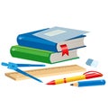 Set of school supplies. Color images of textbooks, pencil, rulers, pen and notebook on white background. Vector illustrations for Royalty Free Stock Photo