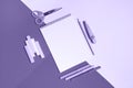 Set of school supplies on colorful background. free space for text. top view, flat lay. Ultra violet color style Royalty Free Stock Photo