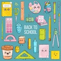 Set of school supplies in kawai style on blue background