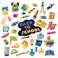 A large bright set of school elements in cartoon style. School and office items in a color vector. A collection of back