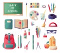 Set of school supplies necessary for each student for effective classes. Backpack, pens, pencils, ruler, glasses, paint, paint Royalty Free Stock Photo