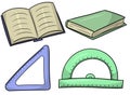 A set of school supplies, for returning to school, an open book, a closed book, a triangular ruler, a transport Royalty Free Stock Photo