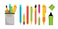 A set of school supplies, stationery, pens, pencils, markers. Vector illustration in a flat style. Royalty Free Stock Photo