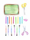Set of school supplies. Stationery - school Board, pencil sharpener, drawing brush, scissors, colored pencils.