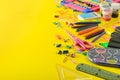 Set school supplies on yellow background. Top view. Royalty Free Stock Photo