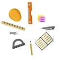 Set of school tools. Notepad, pen and protractor. Technical education
