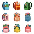 Set Of Schoolbags, Kids School Bags Of Bright Colors, Knapsacks And Rucksacks With Student Stationery And Notebooks Royalty Free Stock Photo