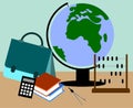 Set of schoolchildrenÃ¢â¬â¢s items in flat style, globe, books, calculator, abacus, compasses, briefcase Royalty Free Stock Photo