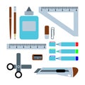 Set of schools supplies from student's backpack. Vector flat ill