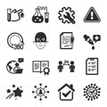 Set of Science icons, such as Agreement document, Chemistry lab, Certificate symbols. Vector