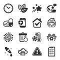 Set of Science icons, such as Recovery trash, Checklist, Freezing symbols. Vector