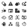 Set of Science icons, such as Settings, Timer, Puzzle symbols. Scissors, Wrong file, Medical mask signs. Vector