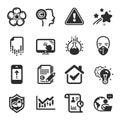 Set of Science icons, such as Swipe up, Report, Financial diagram symbols. Vector