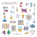 Set of scientific chemistry vector flat icons, Chemistry education symbols in colored cute design with chemistry Royalty Free Stock Photo