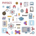 Set of scientific physics vector flat icons, Physics education symbols in colored cute design with physical elements for Royalty Free Stock Photo