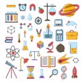 Set of scientific vector flat icons, education signs and symbols in colored modern science design with elements for