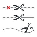 Set of scissors with cutting lines on a white background. Scissors with cut lines, coupon cutting icon Royalty Free Stock Photo