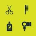 Set Scissors hairdresser, Hair dryer, Bottle of shampoo and Hairbrush icon. Vector
