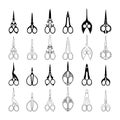 Set of scissors icons. Silhouettes and outlines of vintage and curly scissors for needlework and collecting.