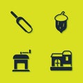 Set Scoop flour, Farm house, Manual coffee grinder and Acorn, oak nut, seed icon. Vector