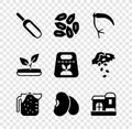 Set Scoop flour, Seed, Scythe, Measuring cup, Beans, Farm house, Sprout and Pack full of seeds of plant icon. Vector