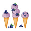 Set of scoops of blueberry icecream with berries pieces in a waffle cone