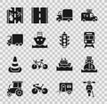 Set Scooter, Cargo ship, Train and railway, Delivery cargo truck, Broken road and Traffic light icon. Vector