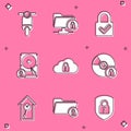 Set Scooter, FTP folder and lock, Lock check mark, Hard disk drive, Cloud computing and CD or DVD with icon. Vector Royalty Free Stock Photo
